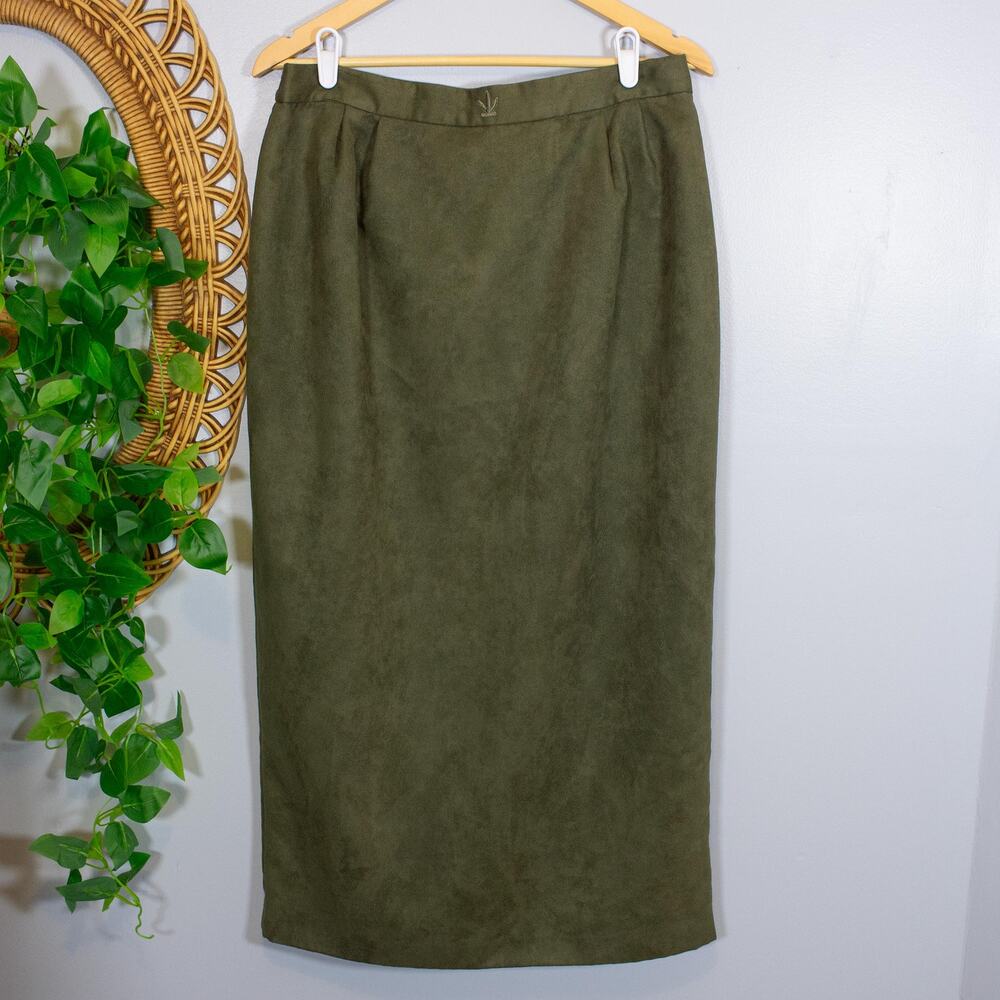 VTG 90s Olive Faux Suede Midi Pencil Skirt Dark Academia 14W | Dark Autumn